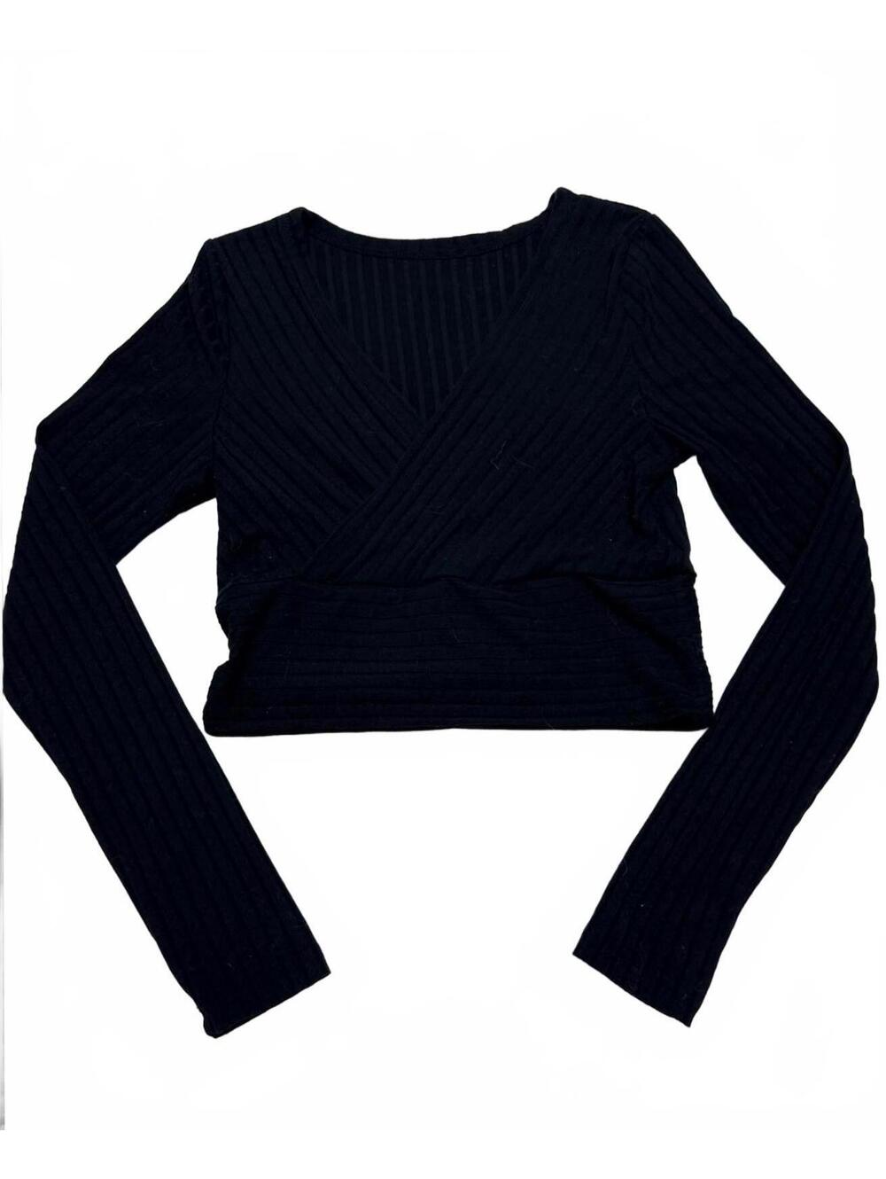 SHEIN Black Ribbed Long Sleeve Crop Top Wrap Front Surplice V-Neck XS Y2K
